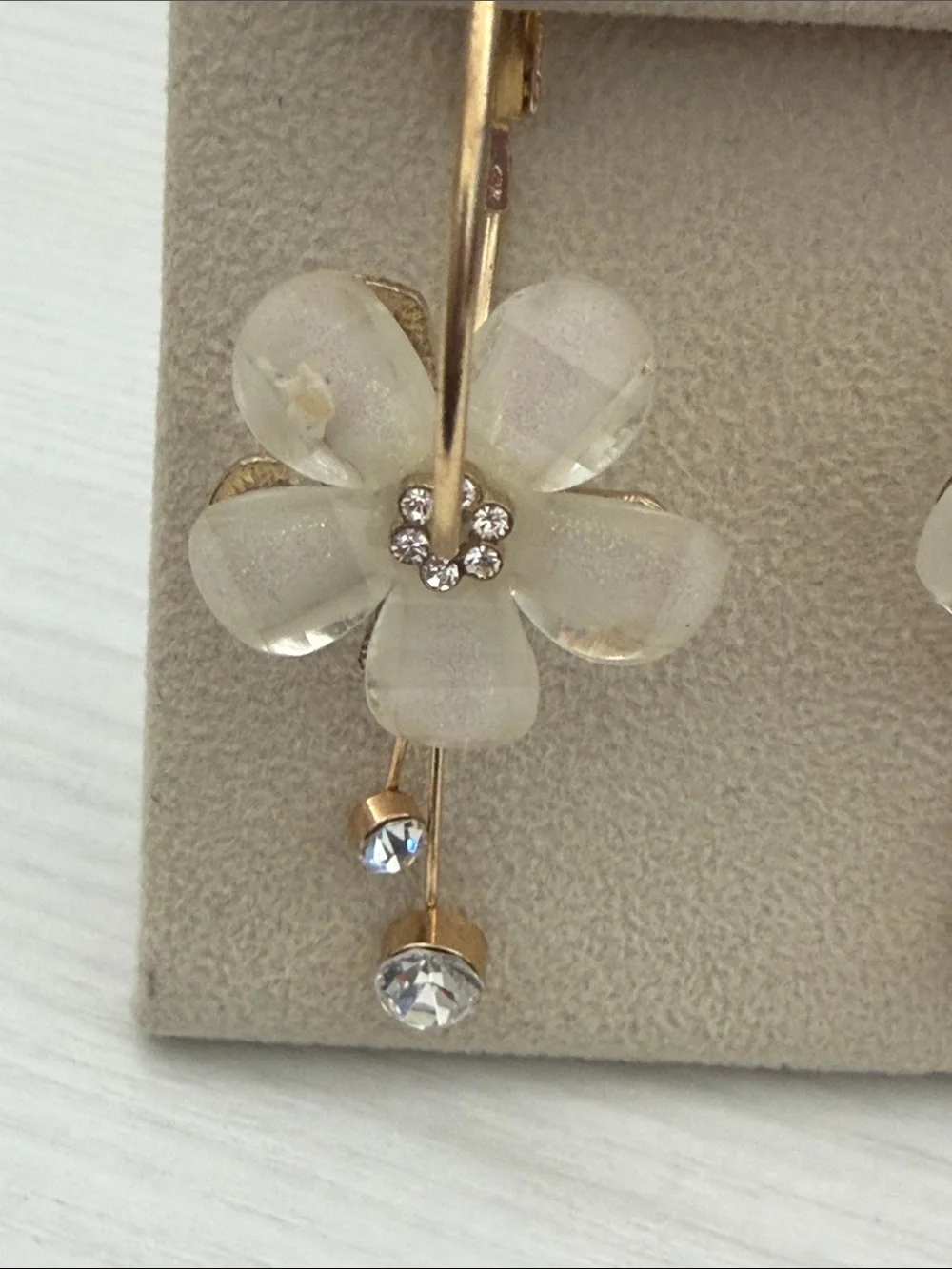 Gold Hoop Earrings with White Flower Drops and Crystal Accents